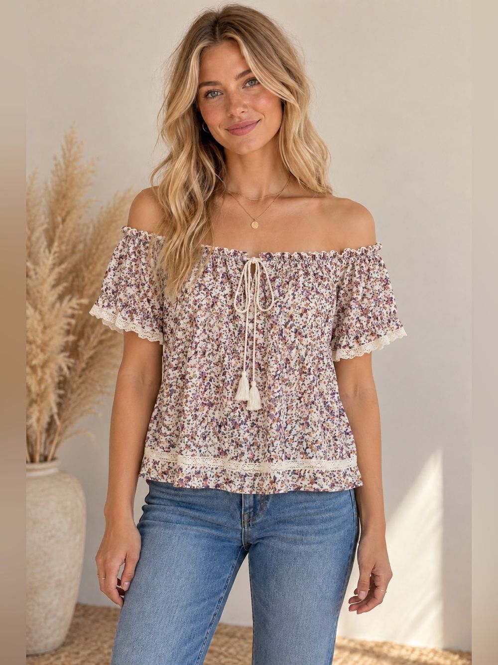 American Eagle Outfitters White and Purple Off-Shoulder Blouse Boho Chic